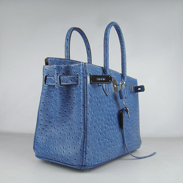 Replica Hermes Birkin 30CM Ostrich Veins Handbag Blue 6088 On Sale - Click Image to Close